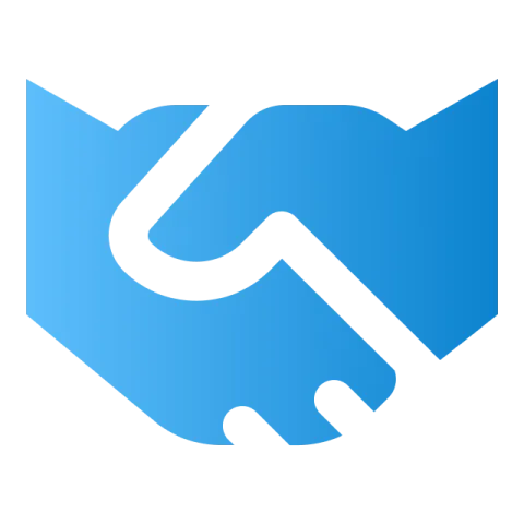 Stylized blue handshake icon forming negative space in shape of mountain peaks