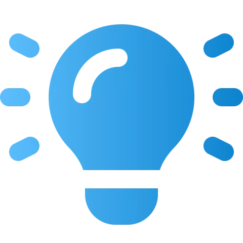 Bright blue light bulb icon with radiating lines suggesting illumination