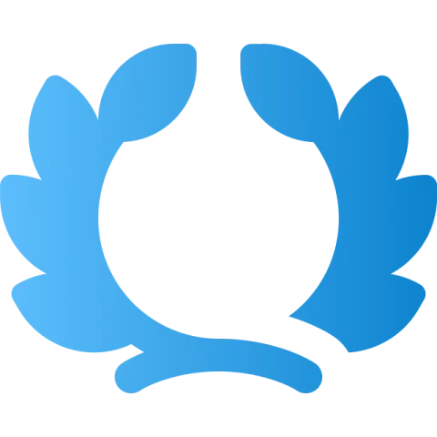 Light blue circular laurel wreath logo forming a symmetrical design