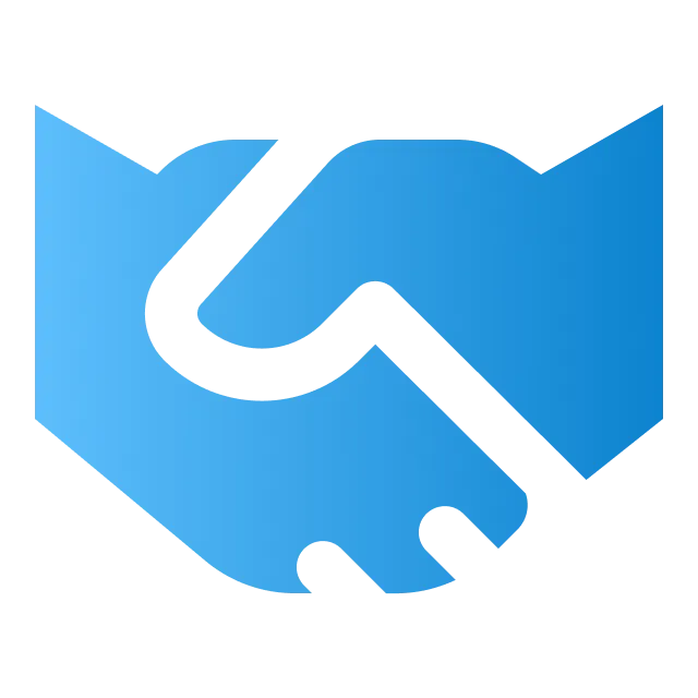 Stylized blue handshake icon forming negative space in shape of mountain peaks