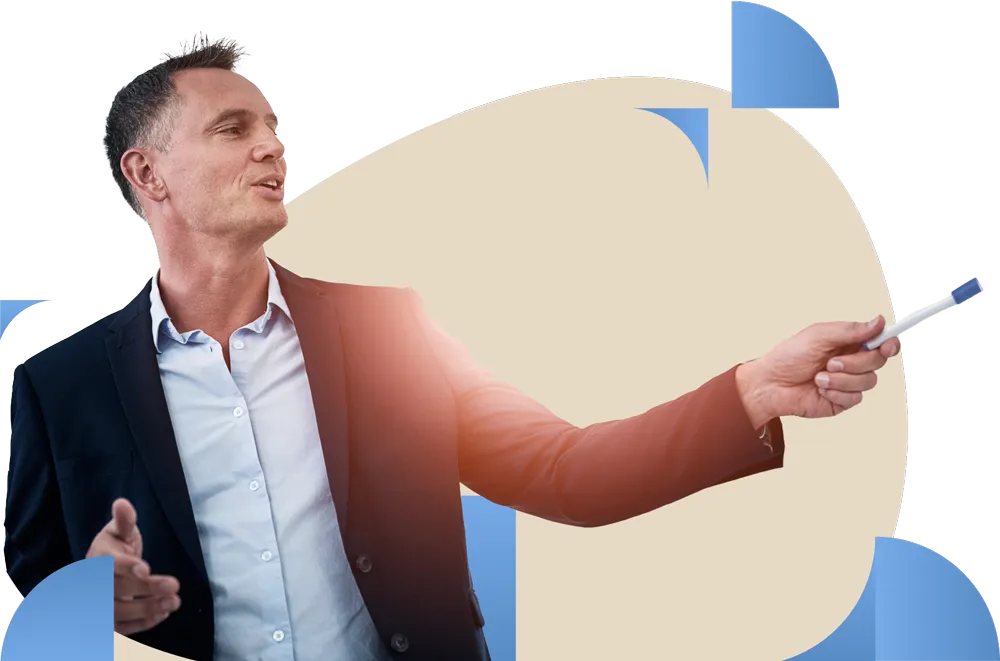 Business professional in white shirt gesturing with pen against beige circular background