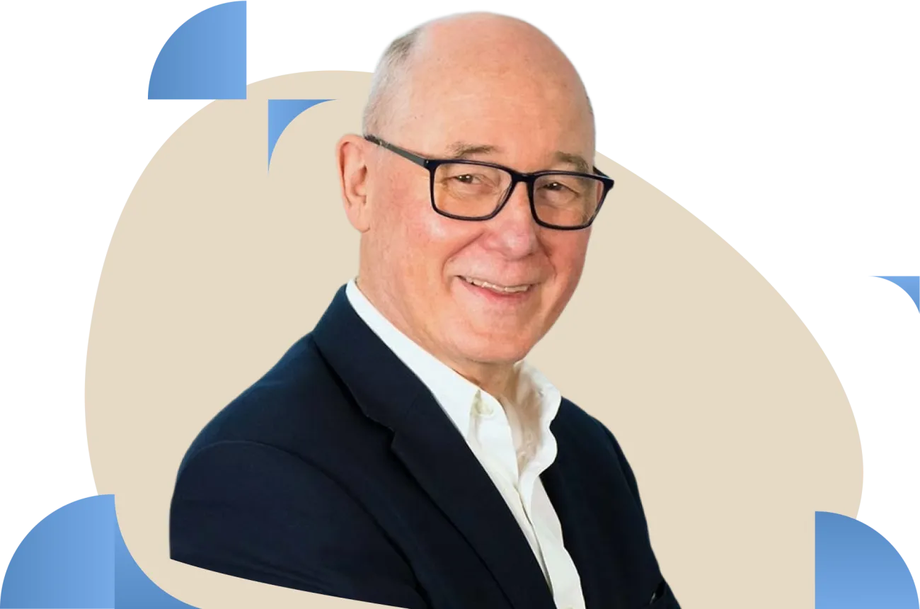 Professional headshot with glasses against beige circular background with blue accents