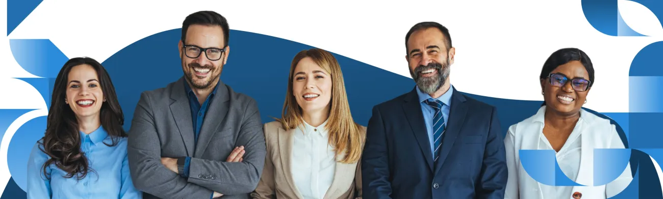 Group of five diverse professionals standing and smiling against a blue background