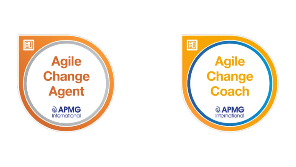 Two circular certification badges with orange and blue borders for Agile Change Agent and Agile Change Coach