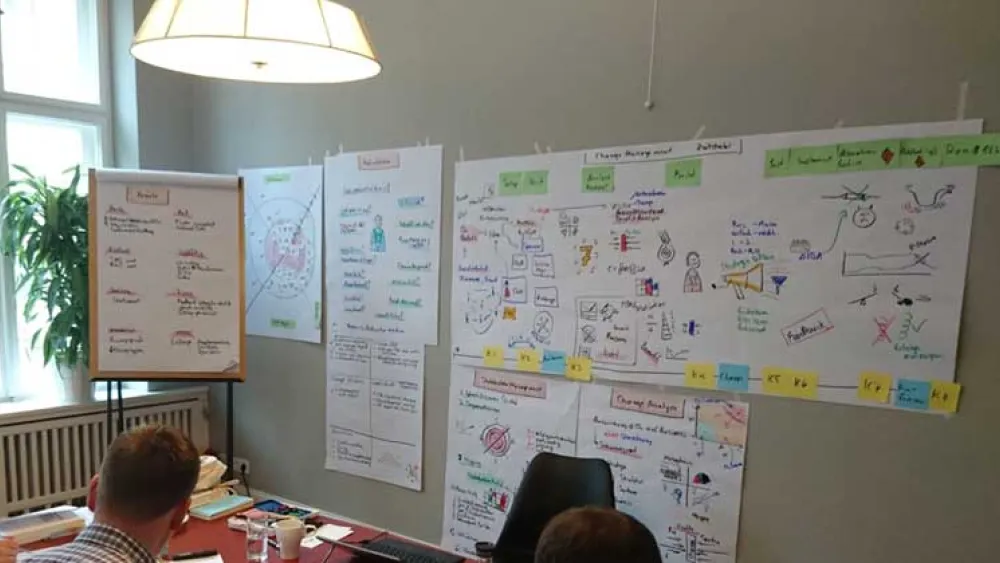 A Blue Change Solutions classroom - back of two peoples' heads infront of a whiteboard