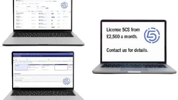 Three laptop screens displaying 5CS use examples and sales information